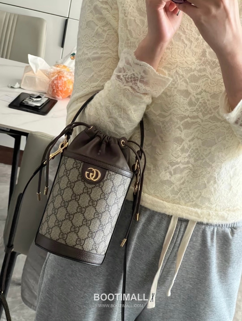 Gucci GG Canvas Bucket Mini GG Canvas and Calfskin Beige Crossbody Bag 구찌 GG 캔버스 버킷 미니 GG 캔버스와 카프스킨 베이지 크로스백 20cm 3