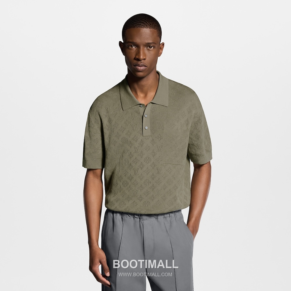 Louis Vuitton Monogram Mesh Polo Cotton Tencel Blend Khaki Polo Shirt 루이비통 모노그램 메쉬 폴로 코튼 텐셀 블렌드 카키 폴로 셔츠 4