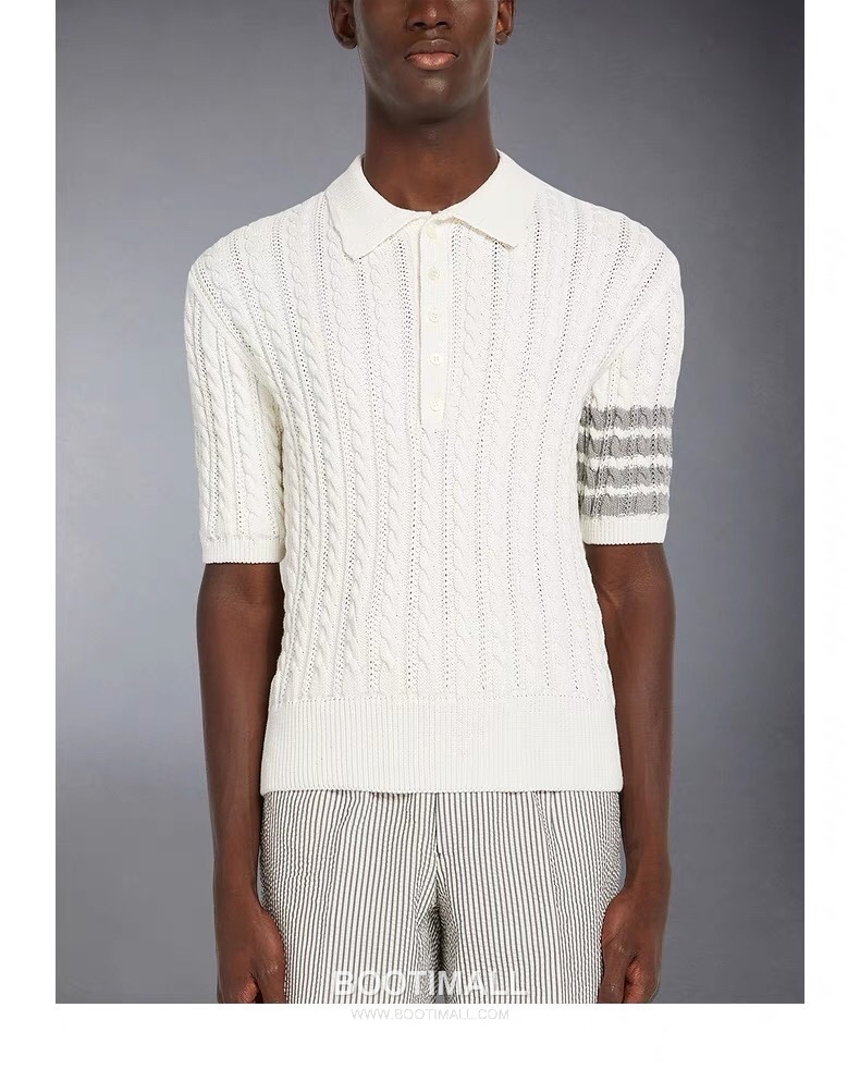 Thom Browne Cable Knit Four Bar Polo Wool Blend Knit White Polo Shirt 톰브라운 케이블 니트 포바 폴로 울 블렌드 니트 화이트 폴로 셔츠 69cm 1