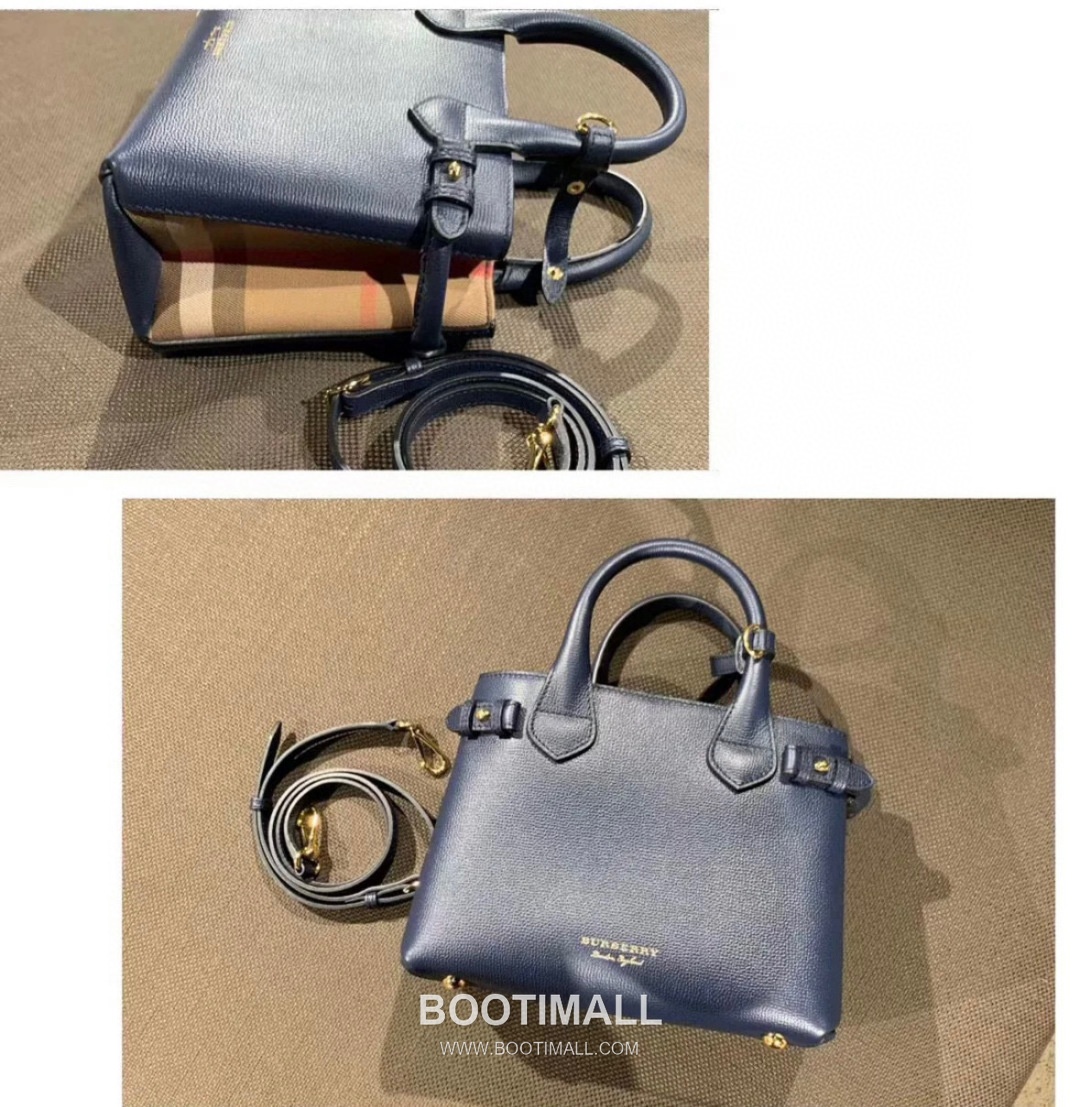Burberry Banner House Check Grained Leather Navy Tote Bag 버버리 배너 하우스 체크 그레인드 레더 네이비 토트백 26cm 1