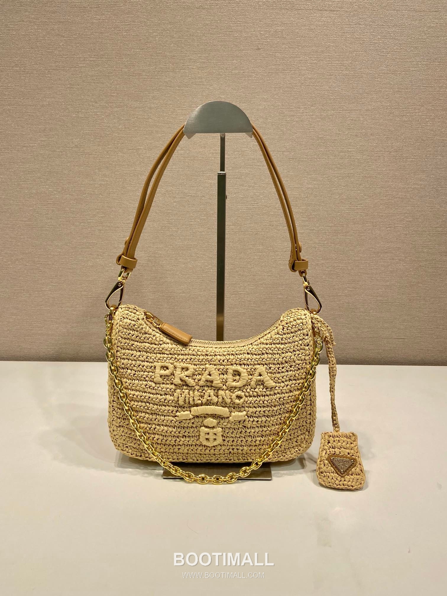 Prada Woven Logo Hobo Straw Beige Shoulder Bag 프라다 1BC204B 우븐 로고 호보 스트로 베이지 숄더백 23cm 1