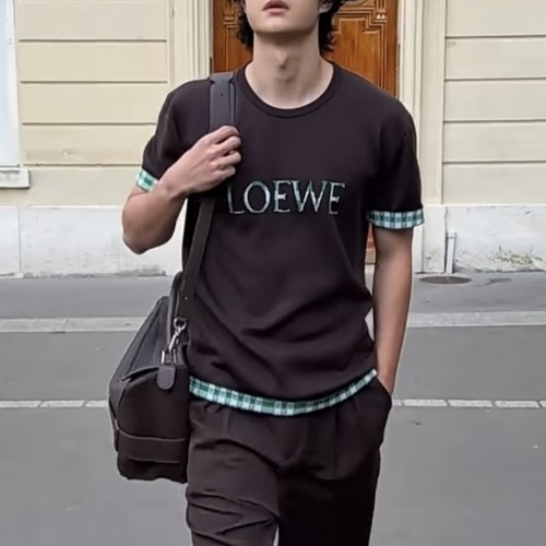 LOEWE FW25 Gingham Trim Logo Knit T-Shirt 로에베 FW25 깅엄 트리밍 로고 니트 티셔츠 브라운