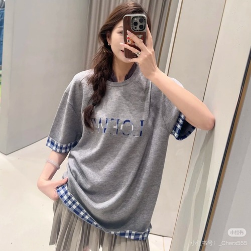 LOEWE FW25 Gingham Trim Logo Knit T-Shirt 로에베 FW25 깅엄 트리밍 로고 니트 티셔츠 그레이