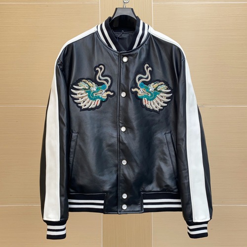 LV Pharrell Williams Leather Baseball Jacket Embroidered Crane Detail 루이비통 파렐 윌리엄스 레더 야구 재킷 크레인 자수 디테일