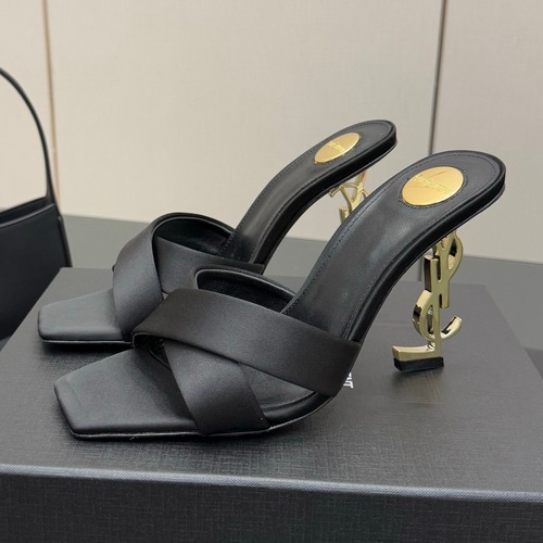 Saint Laurent YSL Logo Metallic Heel Silk Patent Leather Mule Sandals 생로랑 YSL 로고 메탈릭 힐 실크 페이턴트 레더 뮬 샌들 굽높이약 10.5cm