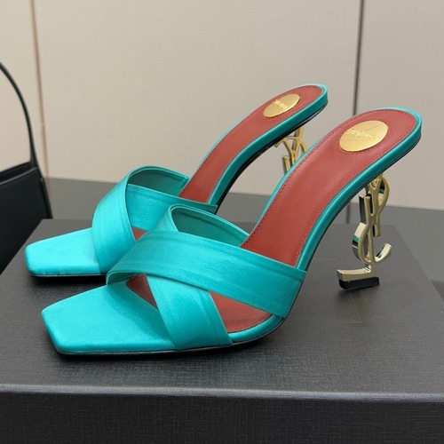 Saint Laurent YSL Logo Metallic Heel Silk Patent Leather Mule Sandals 생로랑 YSL 로고 메탈릭 힐 실크 페이턴트 레더 뮬 샌들 굽높이약 10.5cm