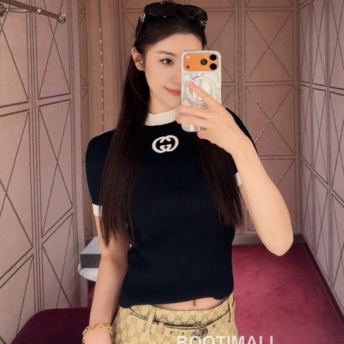 Gucci GG Logo Contrast Knit Short Sleeve Top Black White 구찌 GG 로고 콘트라스트 니트 반팔 티셔츠 블랙 화이트