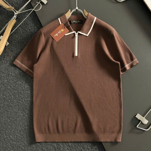 Loro Piana Striped Contrast Zip Short Sleeve Polo Shirt Brown 로로피아나 스트라이프 배색 지퍼 반팔 폴로 셔츠 브라운