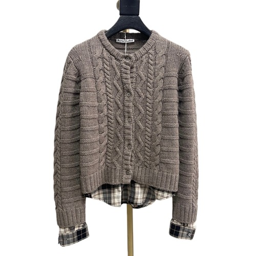 Acne Studios Cable Knit Plaid Panel Wool Cardigan Gray 아크네 스튜디오 케이블 니트 플레이드 패널 울 카디건 그레이 31602