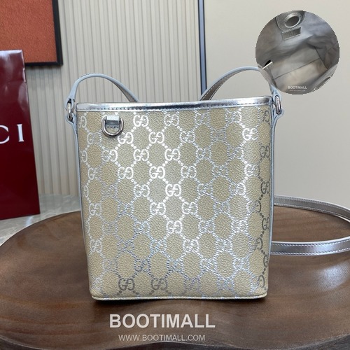 Gucci GG Emblem Mini Bucket Bag 구찌 GG 엠블럼 미니 버킷백 GG 코팅 캔버스, 레더 베이지 실버 버킷백 18cm