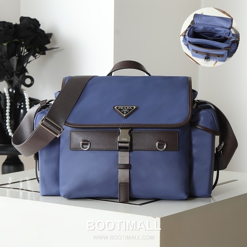 Prada Explore Flap Bag Recycled Nylon, Leather Trim Blue Crossbody Bag 프라다 익스플로어 플랩 백 2VD081 리사이클 나일론, 가죽 트리밍 블루 크로스백 26cm