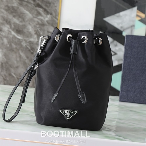 Prada Re-Nylon Drawstring Pouch Recycled Nylon, Calfskin Leather Black 프라다 리나일론 드로스트링 파우치 1NS369_R067_F0002 리사이클 나일론, 카프스킨 가죽 블랙 23cm