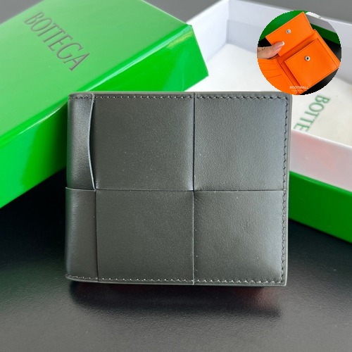 Bottega Veneta Intrecciato Bifold Calfskin Leather Gray Bifold Wallet 보테가 베네타 인트레치아토 반지갑 카프스킨 레더 블랙/오렌지 11cm
