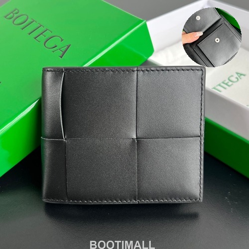 Bottega Veneta Intrecciato Bifold Calfskin Leather Gray Bifold Wallet 보테가 베네타 인트레치아토 반지갑 카프스킨 레더 블랙 11cm