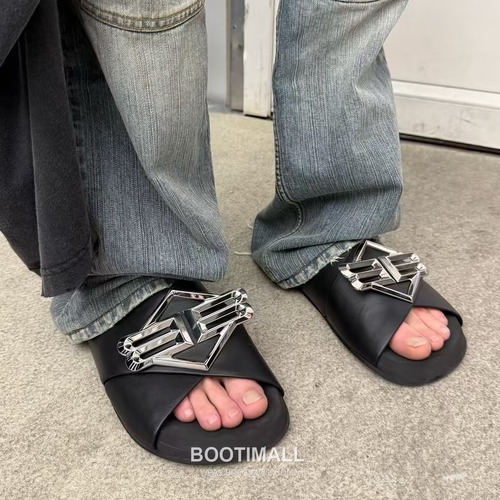 Balenciaga B Logo Slides Leather Rubber Black 발렌시아가 B 로고 슬라이드 가죽 러버 블랙