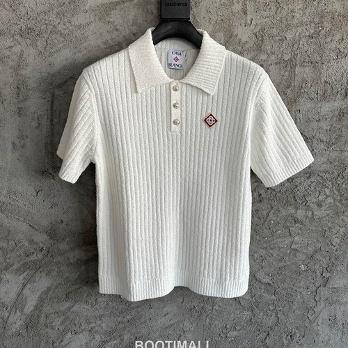 Casablanca Striped Knit Polo Terry Cotton White Polo Shirt 카사블랑카 스트라이프 니트 폴로 테리 코튼 화이트 폴로 셔츠