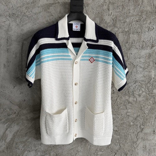 Casablanca Woven Stripe Shirt Cotton Navy Short Sleeve Shirt 카사블랑카 위븐 스트라이프 셔츠 코튼 네이비 반팔 셔츠