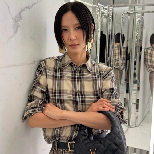 Saint Laurent Plaid Bow Collar Shirt Cotton Blend 생로랑 체크 보우 칼라 셔츠 코튼 블렌드