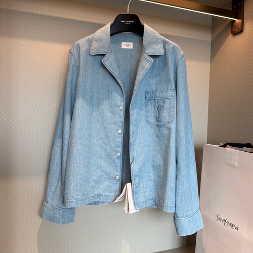 Saint Laurent Logo Denim Shirt Denim Cotton Light Blue 생로랑 로고 데님 셔츠 데님 코튼 라이트 블루