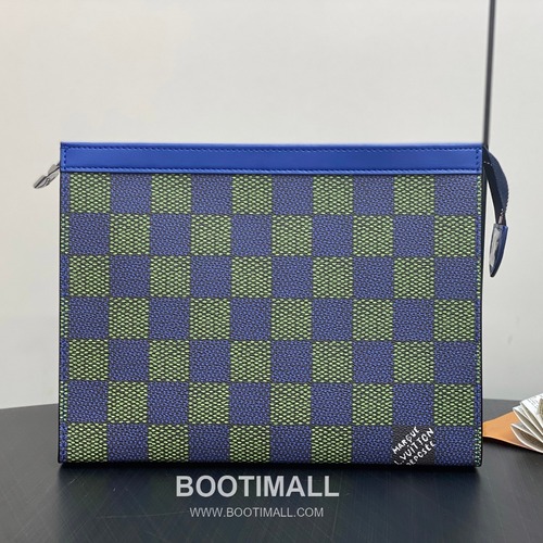 Louis Vuitton Pochette Voyage MM Damier Graphite Coated Canvas Blue Zip Wallet 루이비통 포쉐트 보야주 MM 다미에 그래피트 코티드 캔버스 블루 지퍼 지갑 27cm