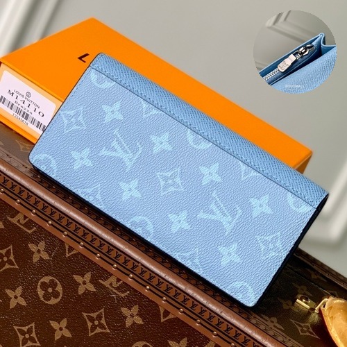 Louis Vuitton Brazza Monogram Taiga Long Coated Canvas and Leather Blue Wallet 루이비통 브라자 모노그램 타이가 롱 코티드 캔버스 레더 블루 장지갑 19cm