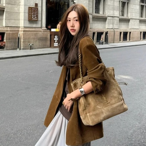 Saint Laurent Jamie 4.3 Pochon Large Suede Leather Brown Shoulder Bag 생로랑 제이미 4.3 포숑 라지 스웨이드 레더 브라운 숄더백 35cm