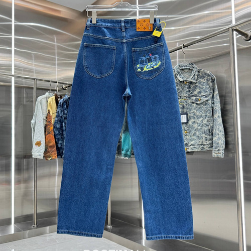 Louis Vuitton Back Pocket Letter Print Straight Jeans Denim Dark Blue Pants 루이비통 백 포켓 레터 프린트 스트레이트 진 데님 딥블루 팬츠
