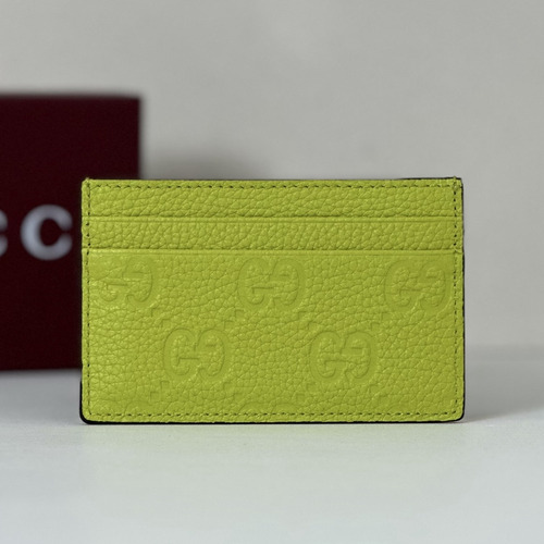 Gucci Embossed Card Case Leather Neon Green Holder 구찌 엠보싱 카드 케이스 가죽 네온 그린 11cm