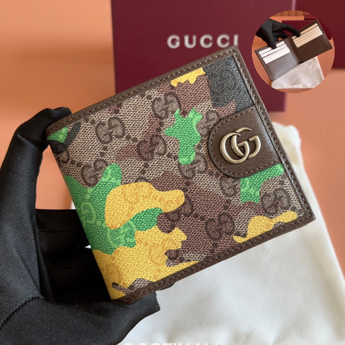 Gucci GG Marble Camouflage Bi-Fold Wallet Coated Canvas Leather Trim 834271 구찌 GG 마블 카모플라주 반지갑 코팅 캔버스 가죽 트리밍 11cm