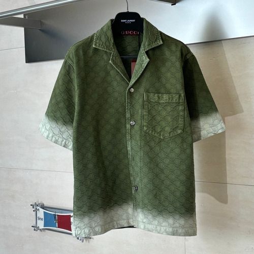 Gucci GG Monogram Gradient Jacquard Denim Short Sleeve Shirt 구찌 GG 모노그램 그라데이션 자카드 데님 반팔 셔츠