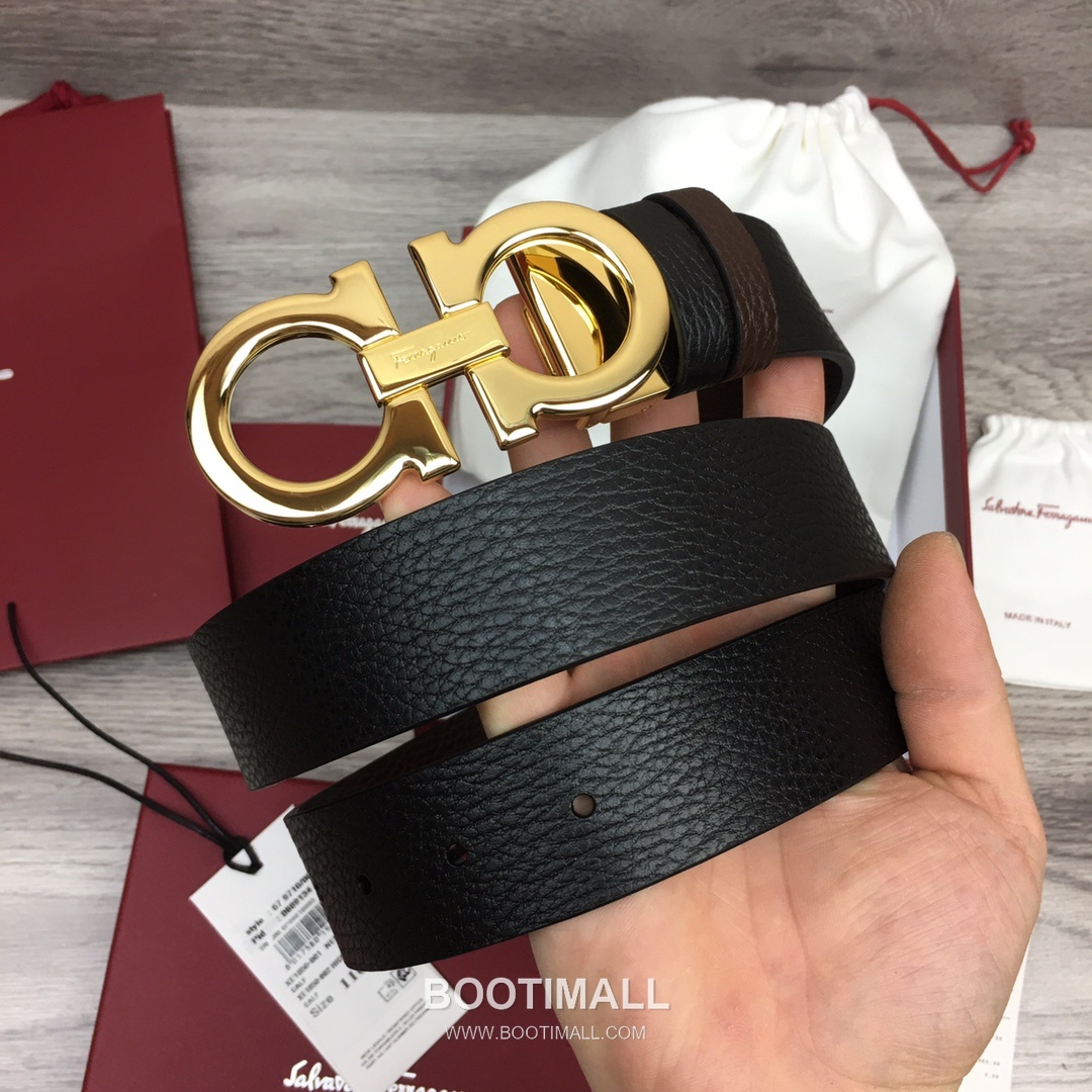 Ferragamo Gancini Calfskin Litchi Leather Reversible Belt with Gancini Buckle Palladium 페라가모 간치니 카프스킨 리치 레더 리버서블 벨트 간치니 버클 황동 베이스 팔라듐 피니시 3.5cm 6