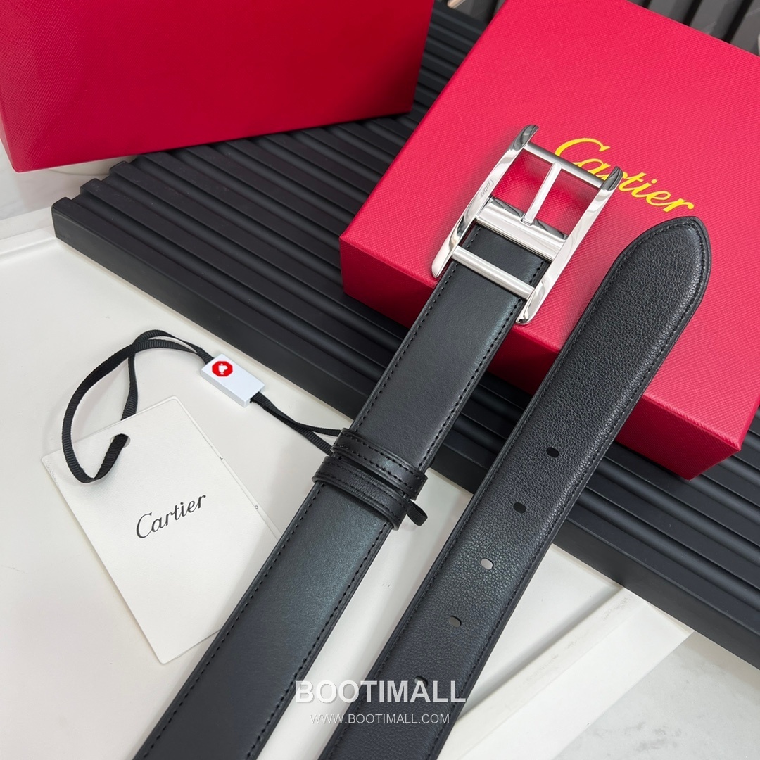 Cartier Calfskin Embossed Leather Reversible Belt with Logo Pin Buckle Palladium 까르띠에 카프스킨 엠보싱 레더 리버서블 벨트 로고 핀 버클 황동 베이스 팔라듐 피니시 3.5cm 4