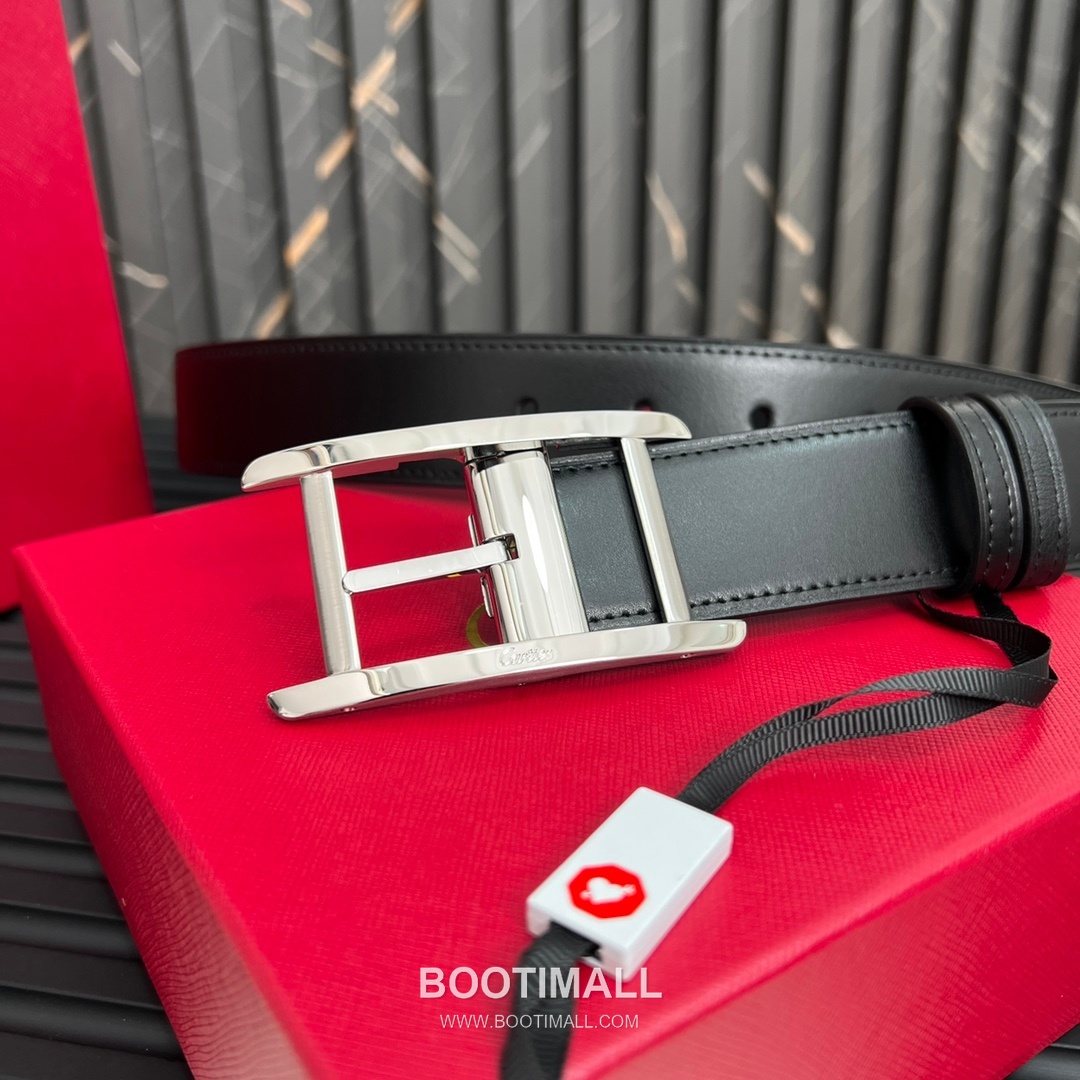 Cartier Calfskin Embossed Leather Reversible Belt with Logo Pin Buckle Palladium 까르띠에 카프스킨 엠보싱 레더 리버서블 벨트 로고 핀 버클 황동 베이스 팔라듐 피니시 3.5cm 5