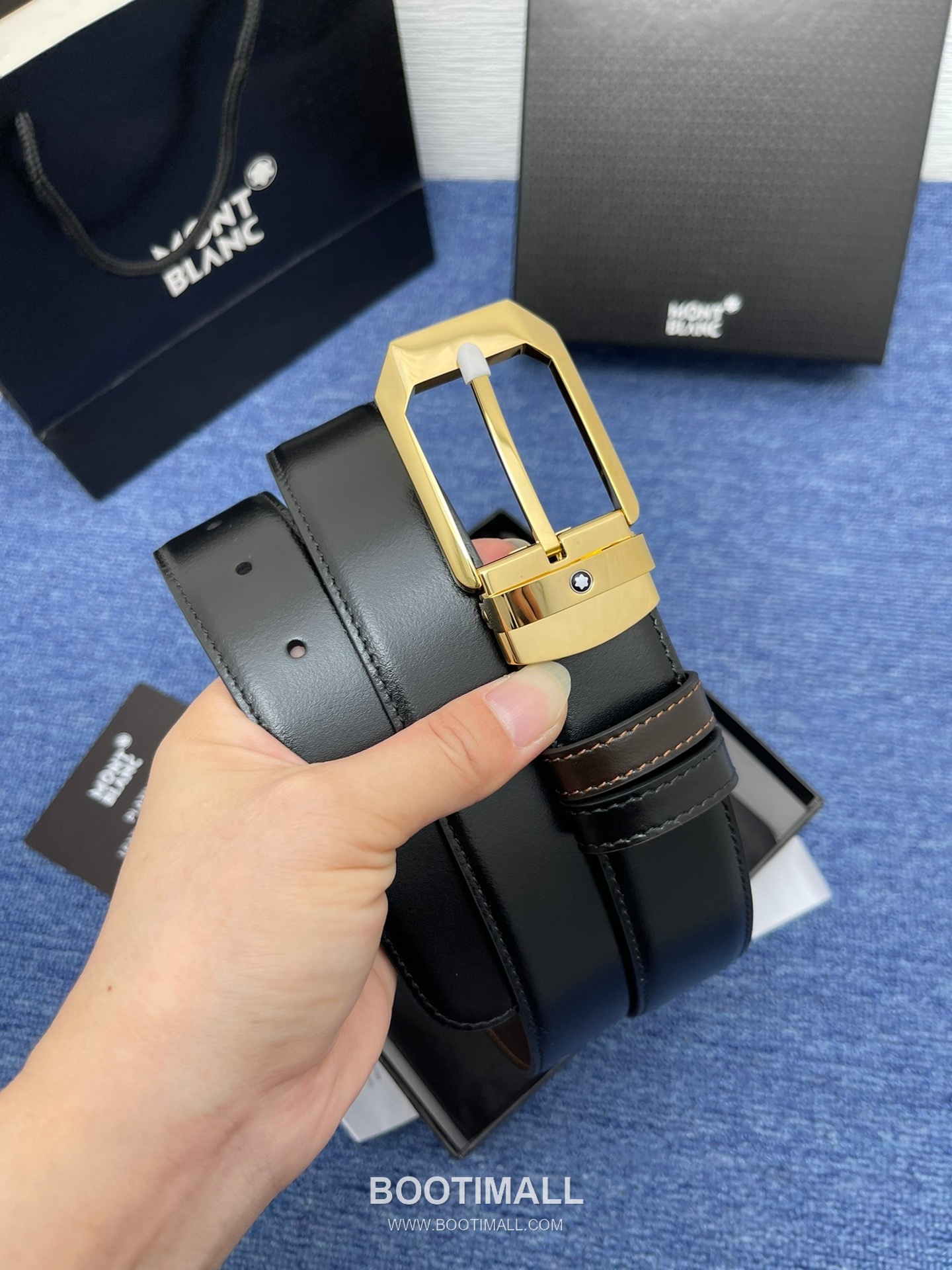 Montblanc Monogram Calfskin Leather Reversible Belt with Logo Buckle Palladium 몽블랑 모노그램 카프스킨 레더 리버서블 벨트 로고 버클 황동 베이스 팔라듐 피니시 3.5cm 2