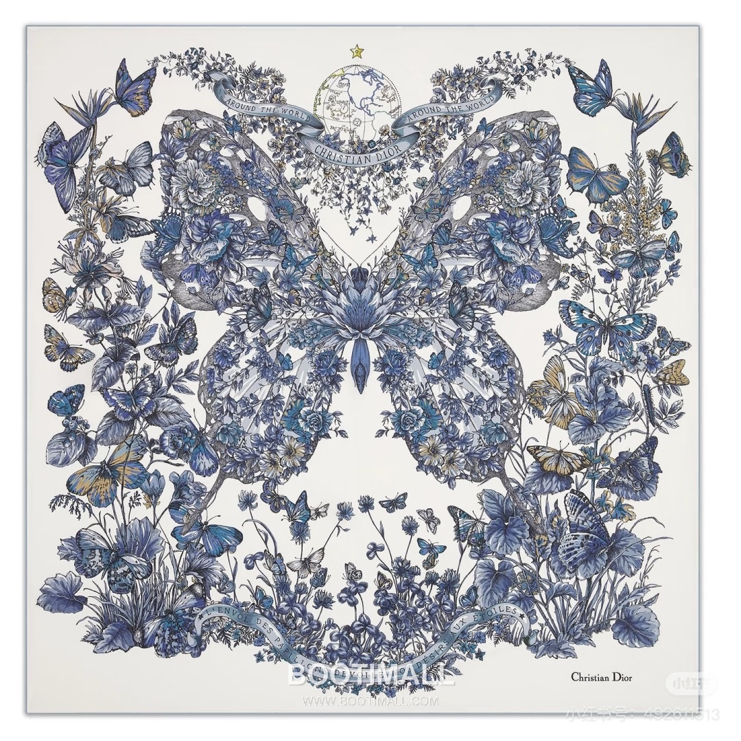 Dior Butterfly Around the World Silk Square Scarf 100% Mulberry Silk Print Scarf 디올 버터플라이 어라운드 더 월드 실크 스퀘어 스카프 90cm 1