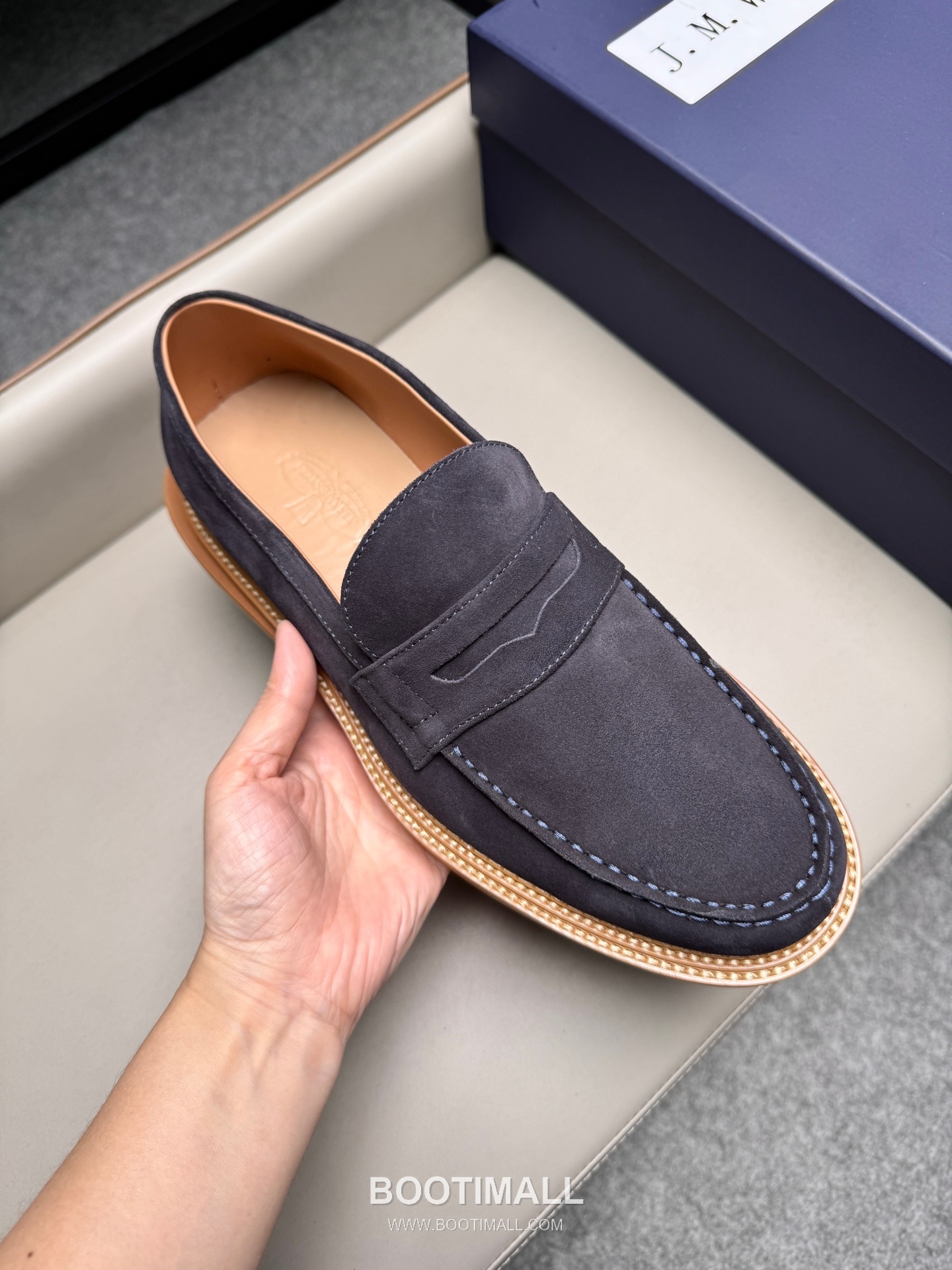 J.M.Weston Penny Calfskin Suede Leather Loafer Shoes with Hand Stitch Detail 제이엠웨스턴 페니 카프스킨 스웨이드 레더 로퍼 슈즈 2.5cm 7