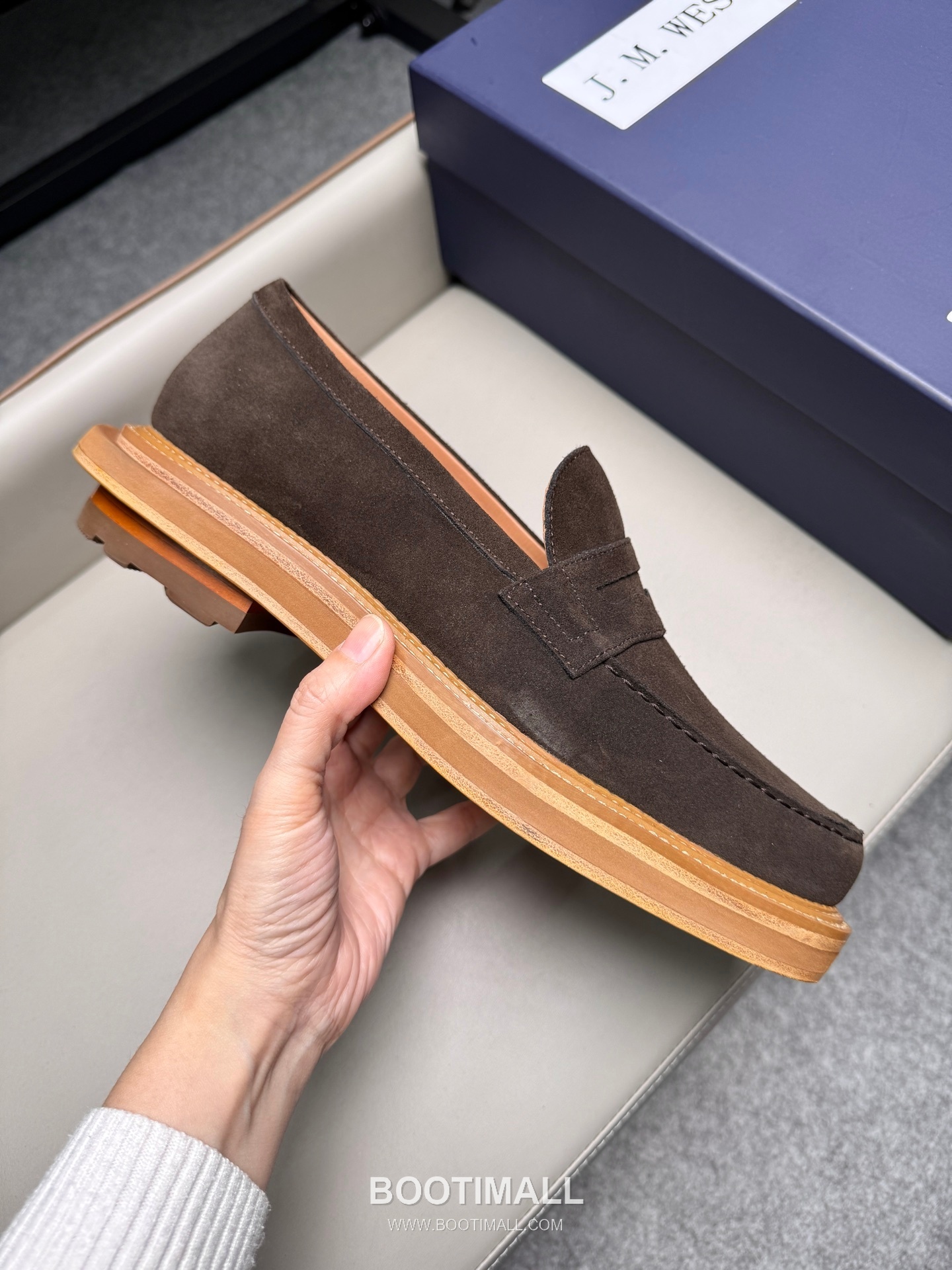 J.M.Weston Penny Calfskin Suede Leather Loafer Shoes with Hand Stitch Detail 제이엠웨스턴 페니 카프스킨 스웨이드 레더 로퍼 슈즈 2.5cm 6