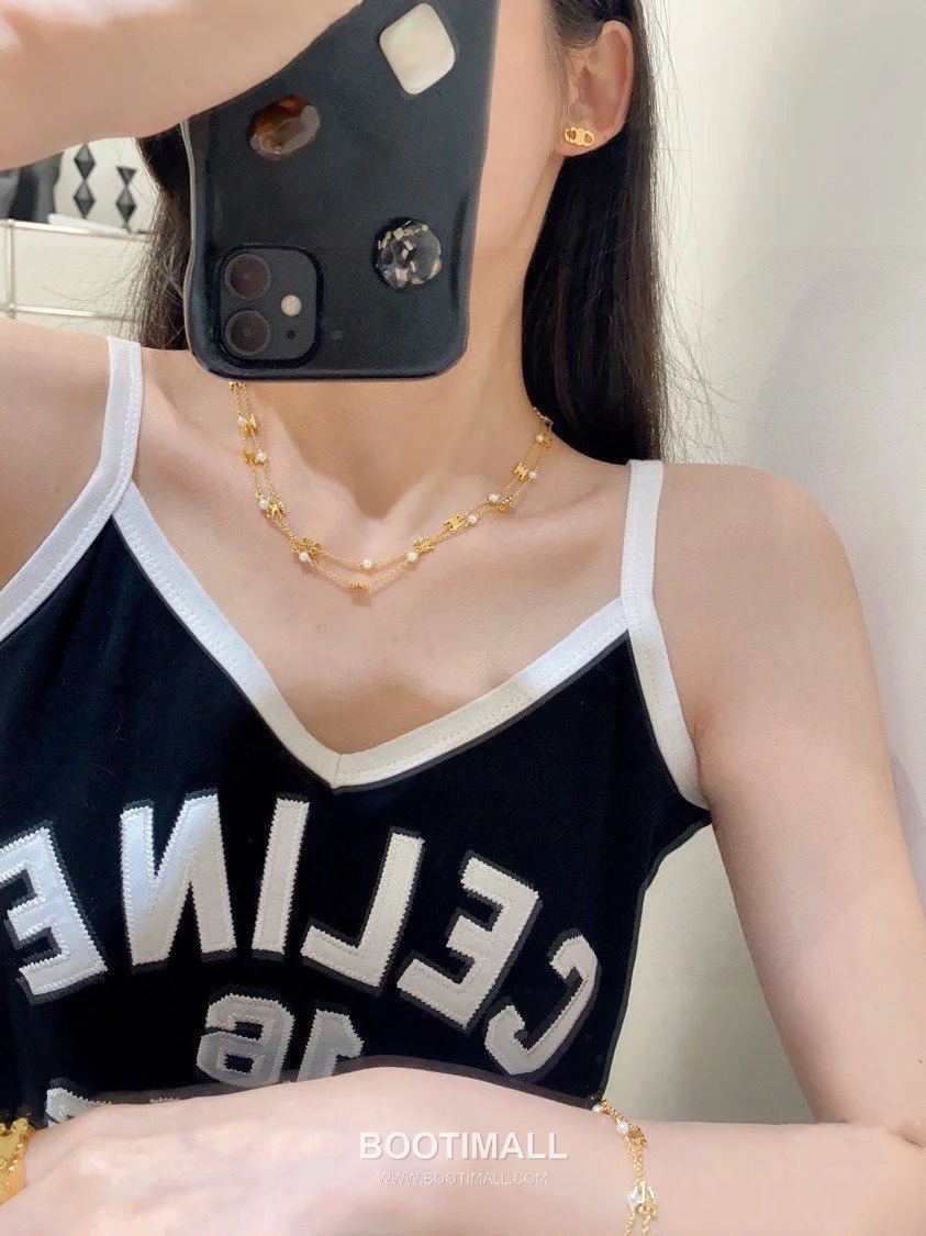 Celine Triomphe Double Layer Brass Gold Plated Necklace with Bead Chain Pendant 셀린느 트리옹프 더블 레이어 황동 골드도금 네클리스 비드 체인 펜던트 2