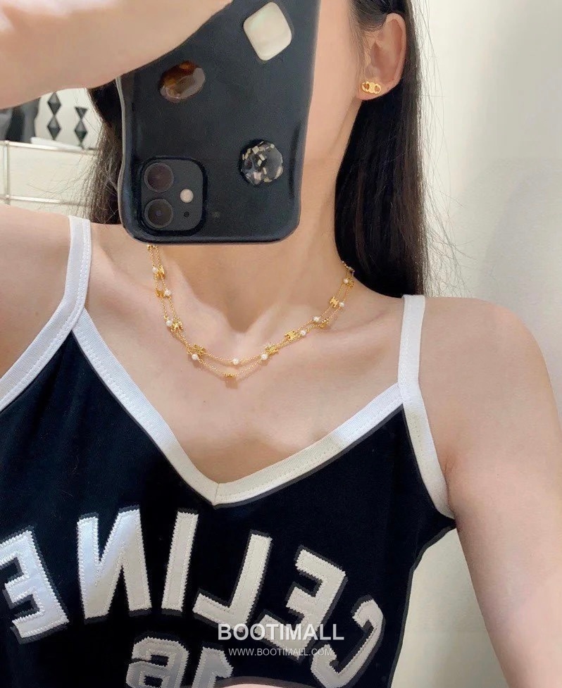Celine Triomphe Double Layer Brass Gold Plated Necklace with Bead Chain Pendant 셀린느 트리옹프 더블 레이어 황동 골드도금 네클리스 비드 체인 펜던트 6