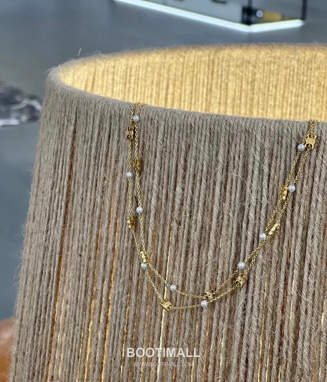 Celine Triomphe Double Layer Brass Gold Plated Necklace with Bead Chain Pendant 셀린느 트리옹프 더블 레이어 황동 골드도금 네클리스 비드 체인 펜던트 8