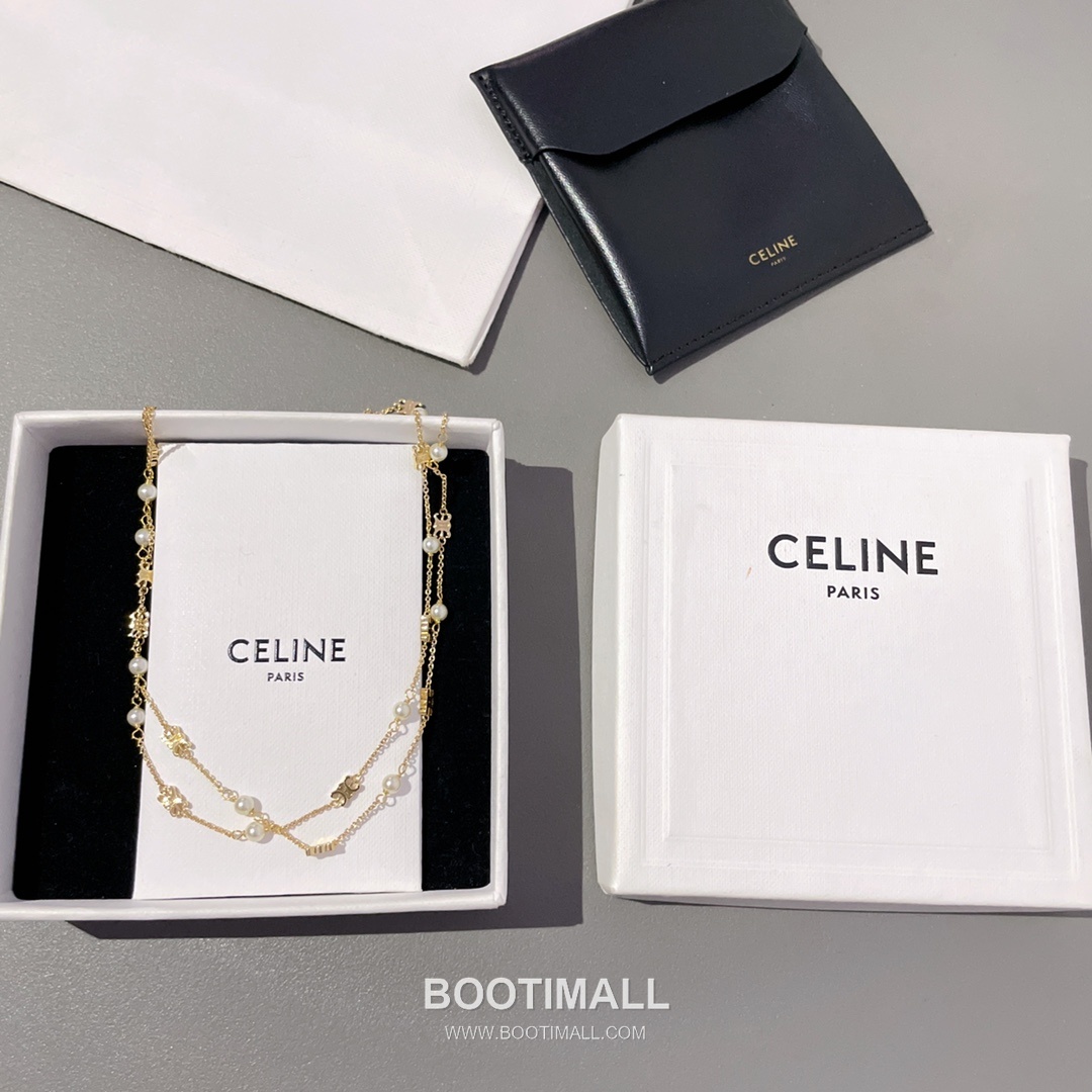 Celine Triomphe Double Layer Brass Gold Plated Necklace with Bead Chain Pendant 셀린느 트리옹프 더블 레이어 황동 골드도금 네클리스 비드 체인 펜던트 10