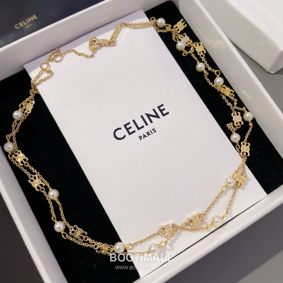 Celine Triomphe Double Layer Brass Gold Plated Necklace with Bead Chain Pendant 셀린느 트리옹프 더블 레이어 황동 골드도금 네클리스 비드 체인 펜던트 11