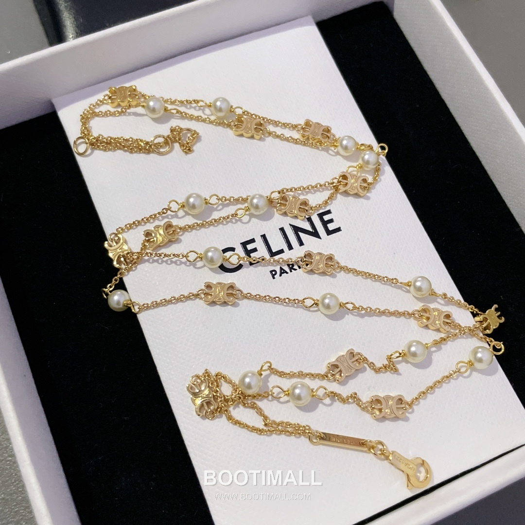 Celine Triomphe Double Layer Brass Gold Plated Necklace with Bead Chain Pendant 셀린느 트리옹프 더블 레이어 황동 골드도금 네클리스 비드 체인 펜던트 12