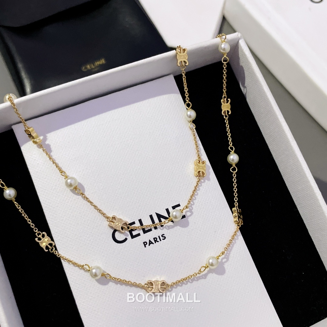 Celine Triomphe Double Layer Brass Gold Plated Necklace with Bead Chain Pendant 셀린느 트리옹프 더블 레이어 황동 골드도금 네클리스 비드 체인 펜던트 13