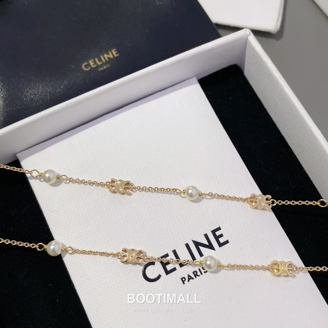 Celine Triomphe Double Layer Brass Gold Plated Necklace with Bead Chain Pendant 셀린느 트리옹프 더블 레이어 황동 골드도금 네클리스 비드 체인 펜던트 14