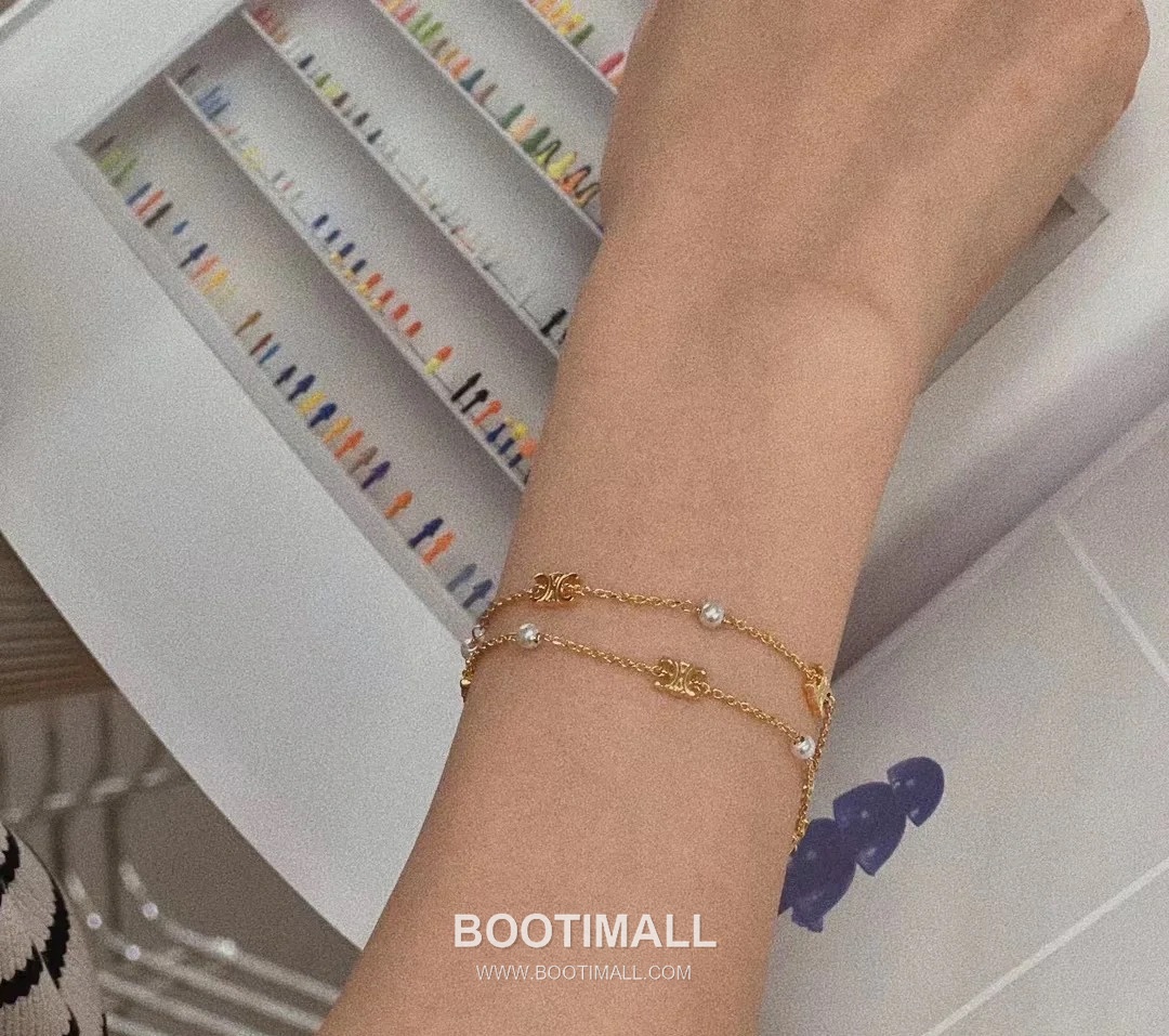 Celine Triomphe Double Layer Brass Gold Plated Necklace with Bead Chain Pendant 셀린느 트리옹프 더블 레이어 황동 골드도금 네클리스 비드 체인 펜던트 5