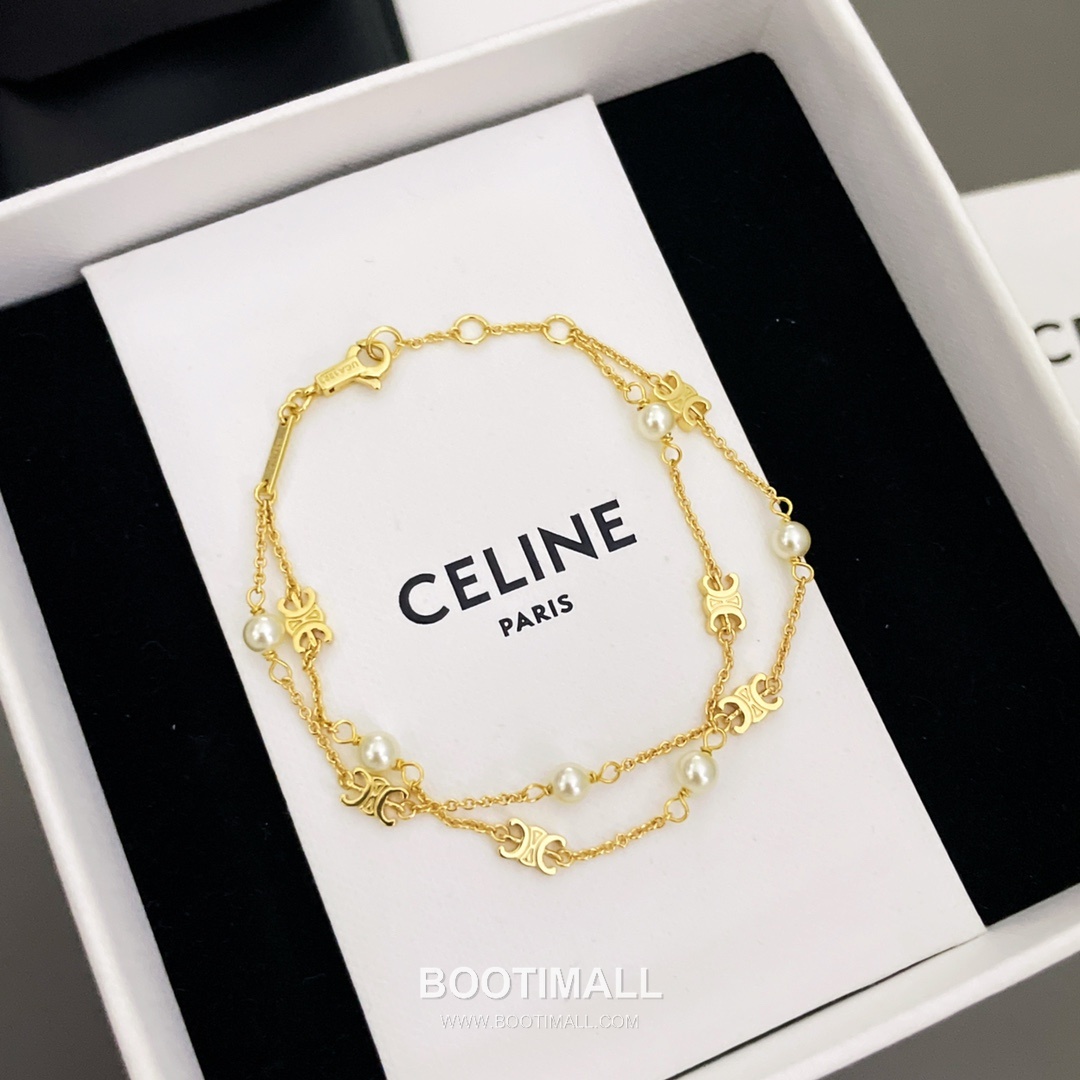 Celine Triomphe Double Layer Brass Gold Plated Necklace with Bead Chain Pendant 셀린느 트리옹프 더블 레이어 황동 골드도금 네클리스 비드 체인 펜던트 9