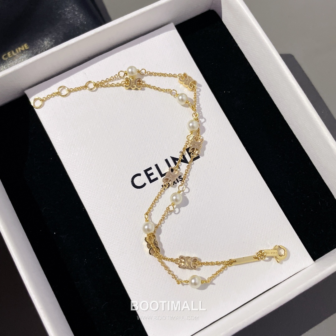 Celine Triomphe Double Layer Brass Gold Plated Necklace with Bead Chain Pendant 셀린느 트리옹프 더블 레이어 황동 골드도금 네클리스 비드 체인 펜던트 10