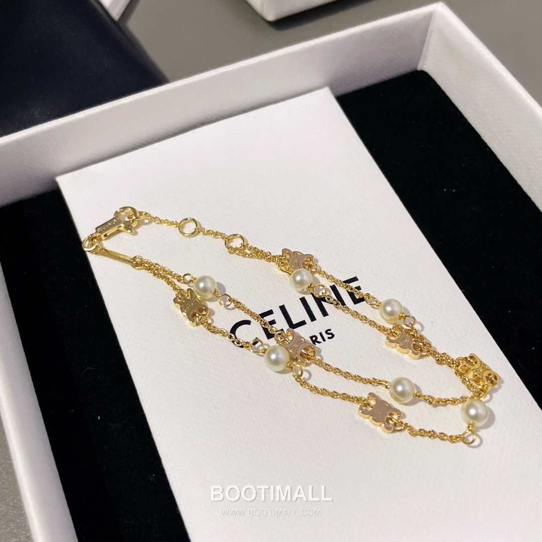 Celine Triomphe Double Layer Brass Gold Plated Necklace with Bead Chain Pendant 셀린느 트리옹프 더블 레이어 황동 골드도금 네클리스 비드 체인 펜던트 11