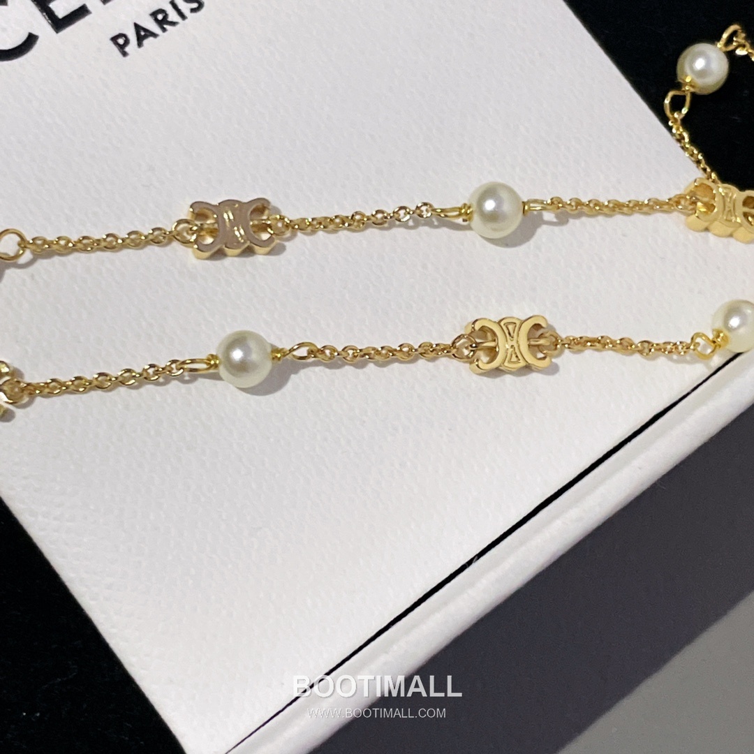 Celine Triomphe Double Layer Brass Gold Plated Necklace with Bead Chain Pendant 셀린느 트리옹프 더블 레이어 황동 골드도금 네클리스 비드 체인 펜던트 12